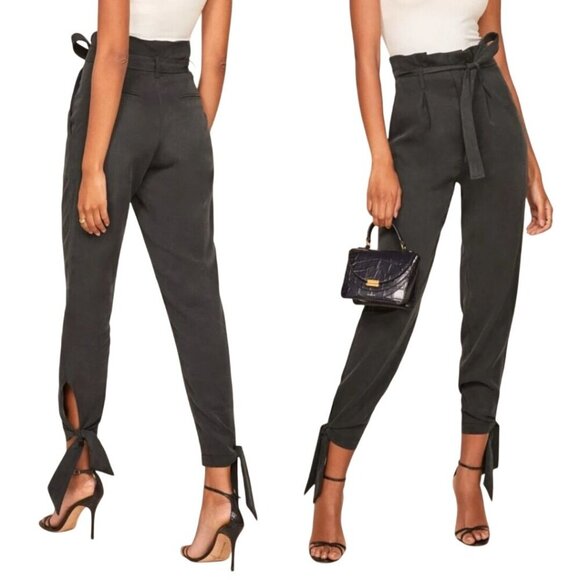 Reformation Avalon Pant Tie Ankle Paperbag Waist Black Size 8 - Picture 8 of 13